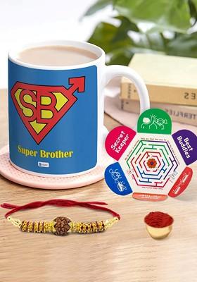Super Brother Printed Ceramic Coffee Mug And Rakhi Gift Set