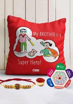 Rakhi With Printed Cushion Cover Gift Set