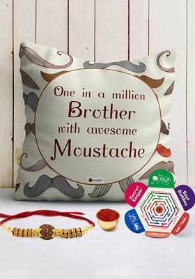 Brother Awesome In Moustache Printed Cushion Mug And Rakhi Gift Set