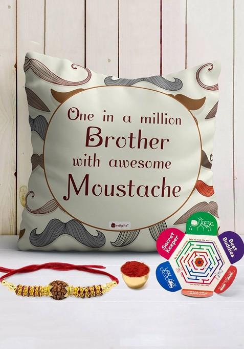 Brother Awesome In Moustache Printed Cushion Mug And Rakhi Gift Set