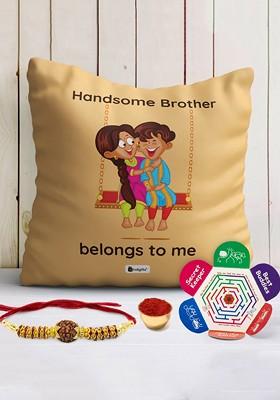 Handsome Bro Belongs To Me Cushion And Rakhi Gift Set