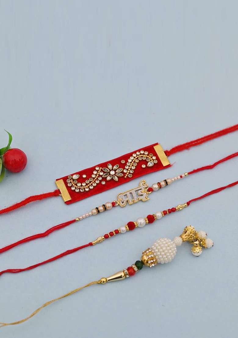 Red And Gold Toned Pack Of 4 Rakhi Greeting Card And Ganeshji Idol - Indya