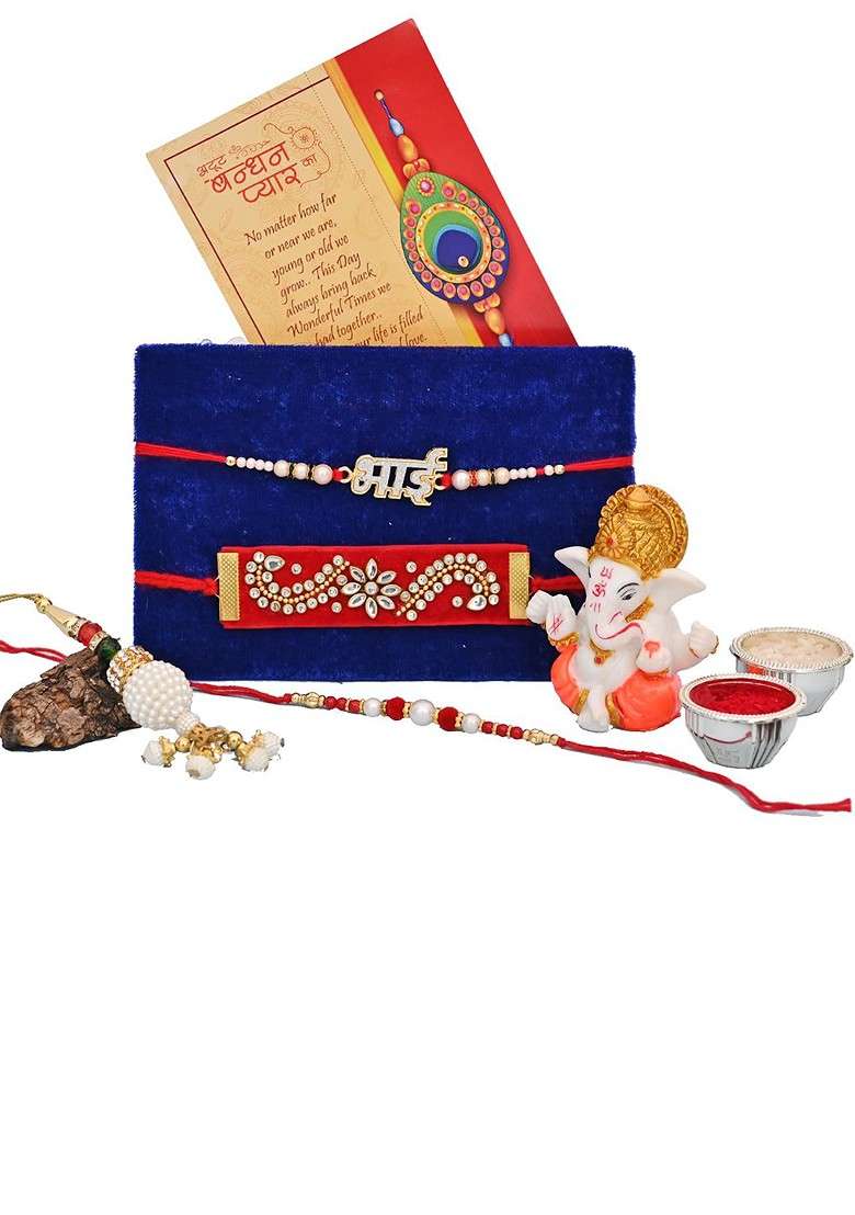 Red And Gold Toned Pack Of 4 Rakhi Greeting Card And Ganeshji Idol - Indya