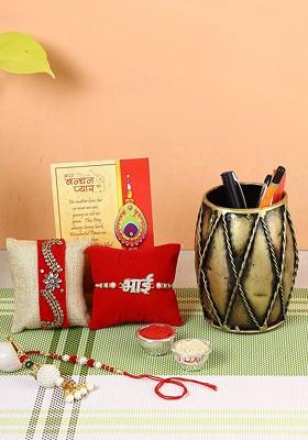 Set Of 4 Rakhi With Iron Dholak Design Pen Stand Holder