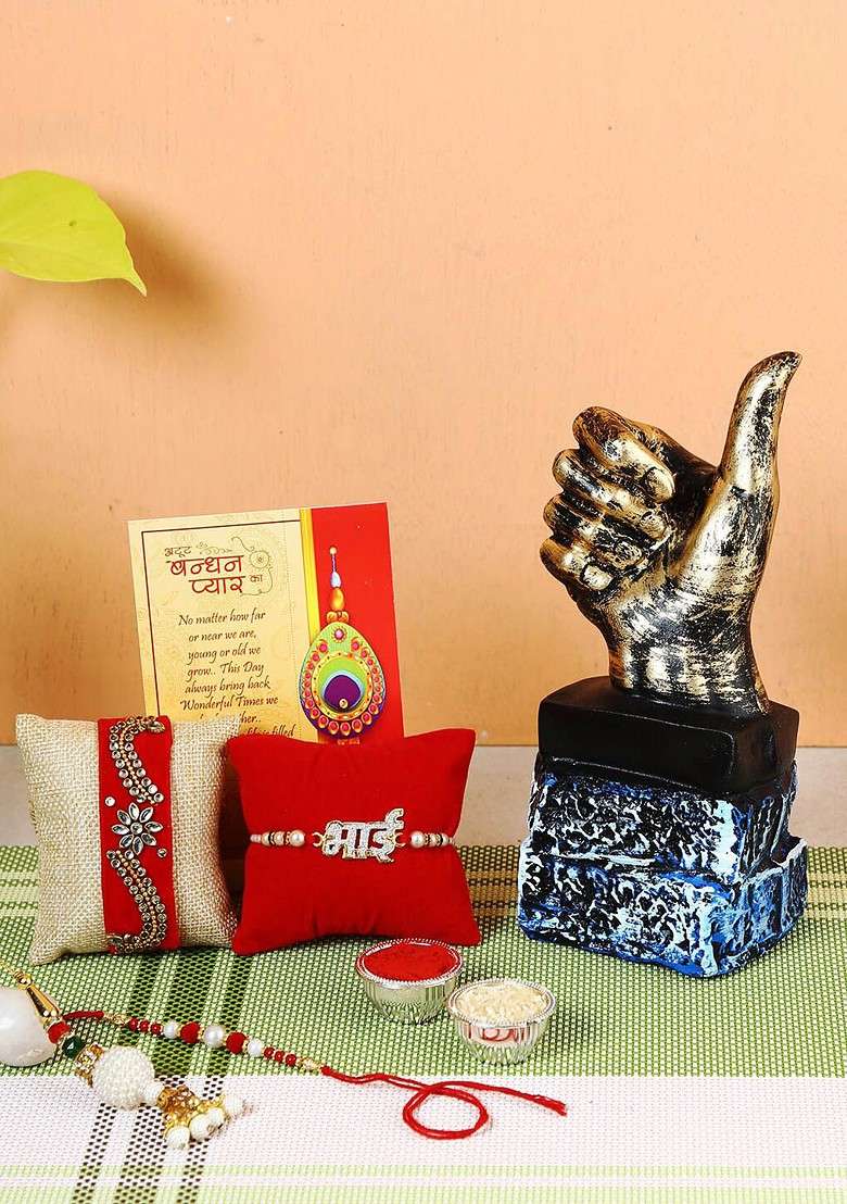 Set Of 4 Rakhi With Thumbs Up Sign Gesture Showpiece - Indya
