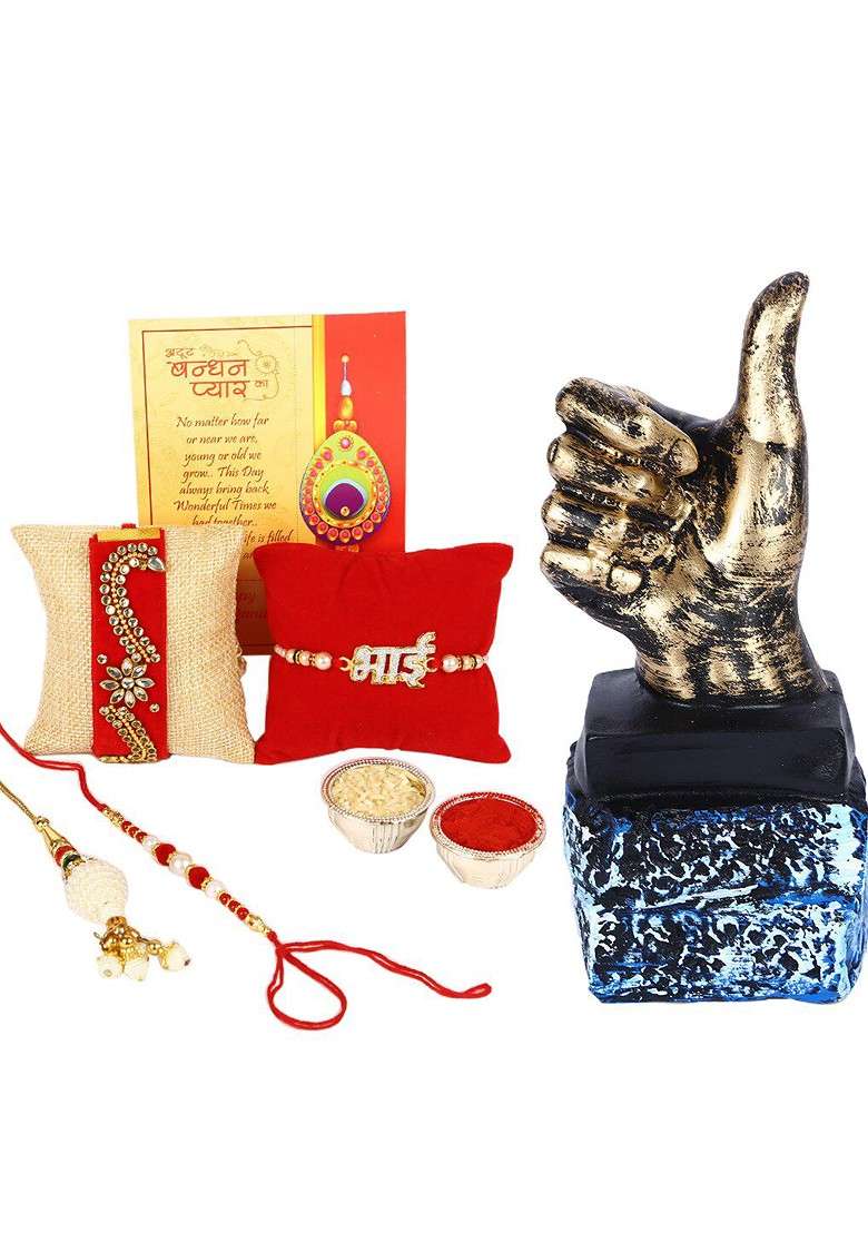 Set Of 4 Rakhi With Thumbs Up Sign Gesture Showpiece - Indya