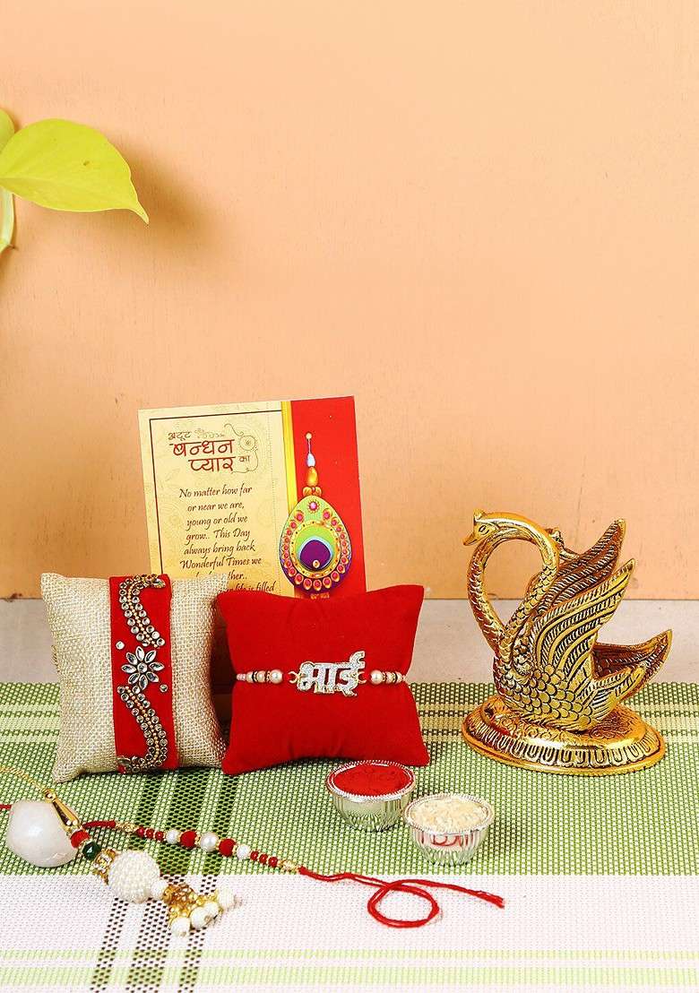 Set Of 4 Rakhi With Metal Swan Showpiece - Indya