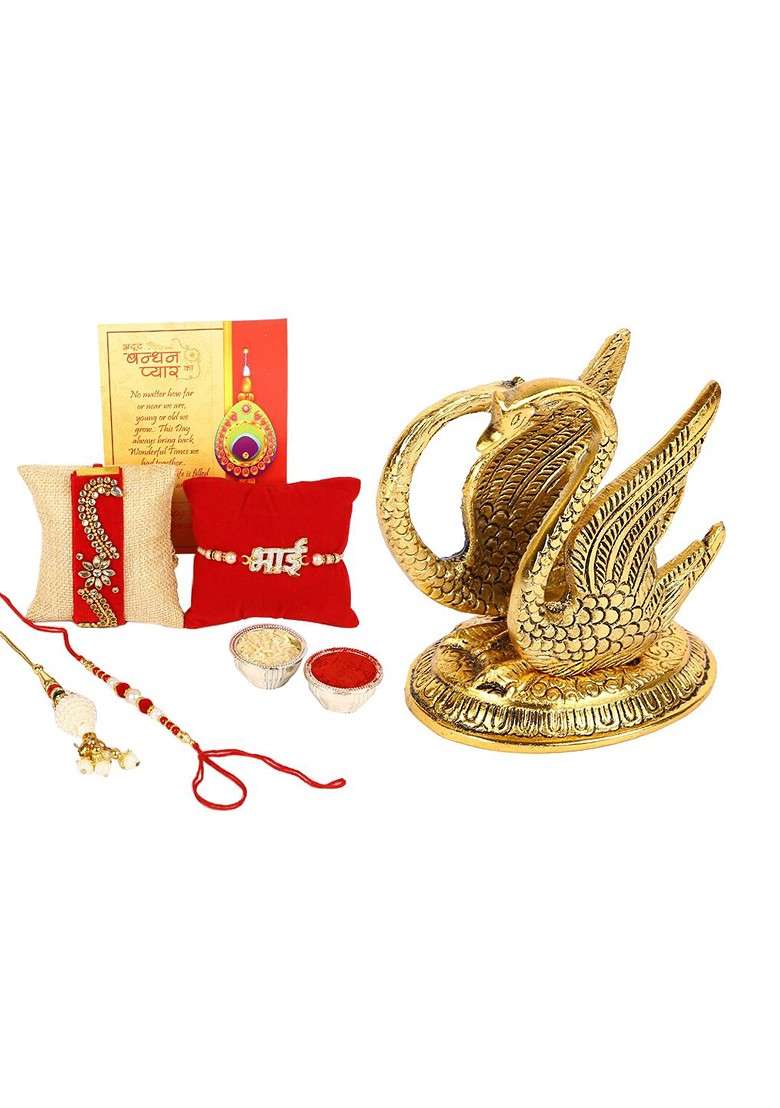 Set Of 4 Rakhi With Metal Swan Showpiece - Indya