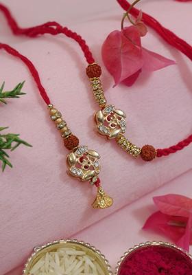 Set Of 2 Om Hanging Bhaiya Bhabhi Lumba Rakhi With Card And Roli Chawal