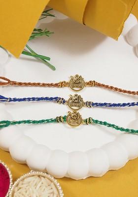Set Of 3 Om Design Design Rakhi With Greeting Card And Roli Chawal