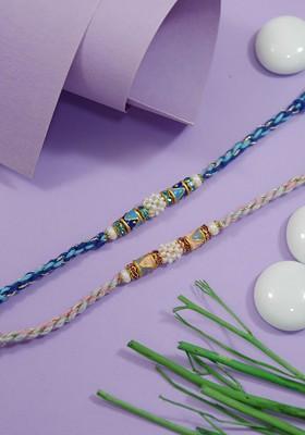 Set Of 2 Beaded Rakhi With Greeting Card And Roli Chawal