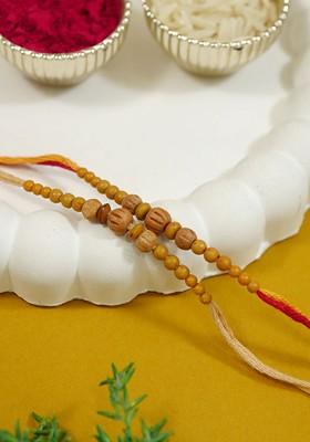 Set Of 2 Sandalwood Beaded Rakhi With Greeting Card And Roli Chawal