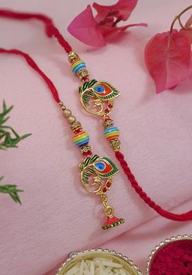 Pack Of 2 Peacock Feather Hanging Bhaiya Bhabhi Lumba Rakhi Bracelet Gift Set