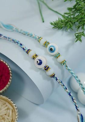 Set Of 2 Evil Eye Rakhi With Greeting Card And Roli Chawal