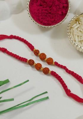 Set Of 2 Rudraksha Beads Rakhi With Roli Chawal And Greeting Card