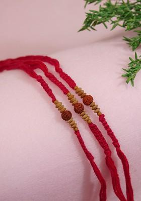 Set Of 3 Rudraksha And Sandalwood Beaded Rakhis With Greeting Card And Roli Chawal