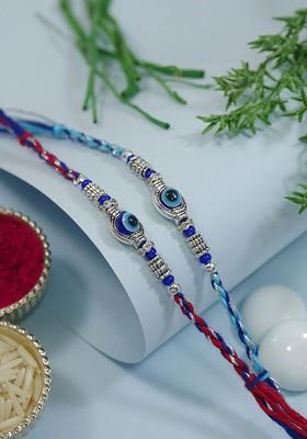 Set Of 2 Evil Eye Design Rakhi With Greeting Card And Roli Chawal