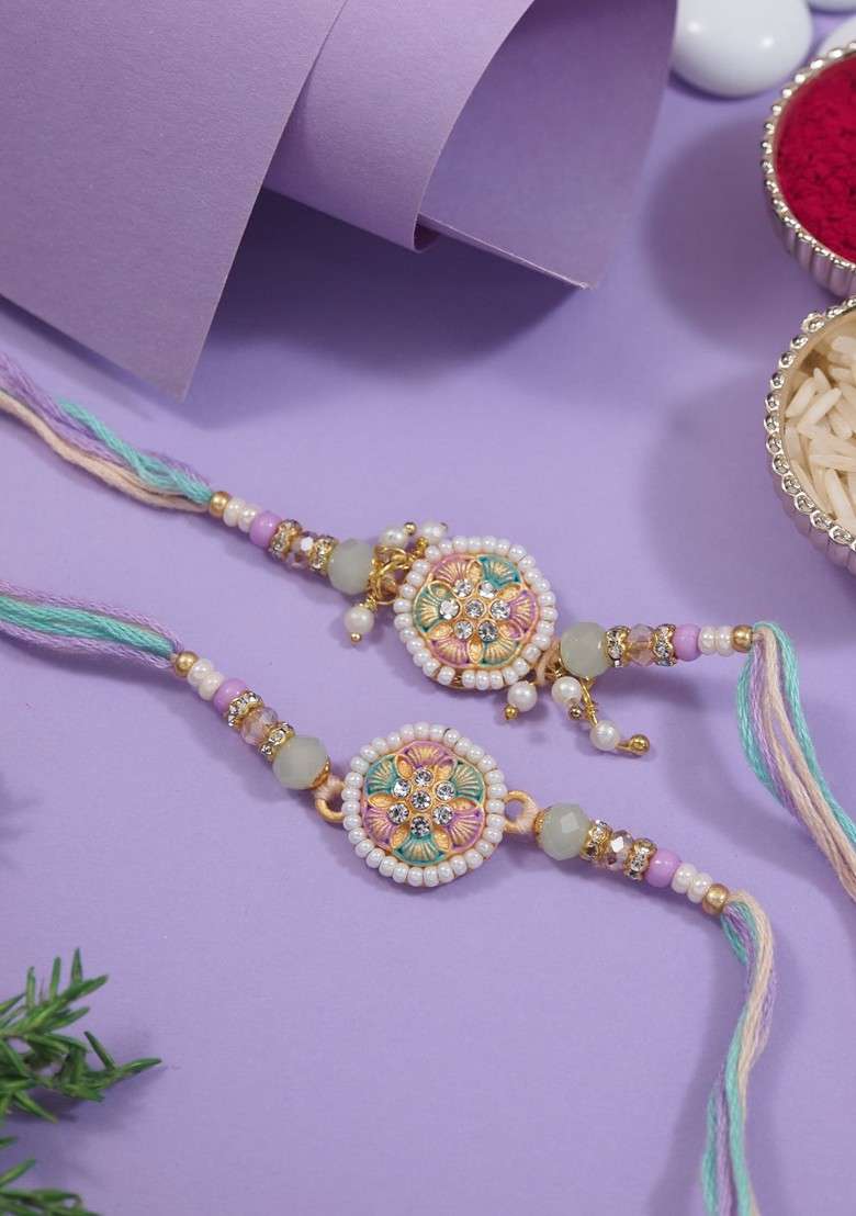 Pack Of 2 Floral Design Hanging Bhaiya Bhabhi Lumba Rakhi Gift Set - Indya