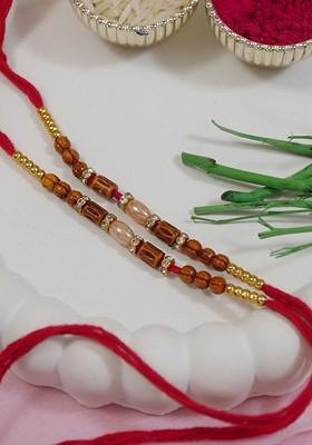 Set Of 2 Sandalwood Beaded Rakhi With Greeting Card And Roli Chawal