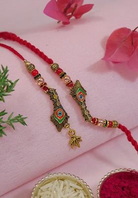 Set Of 2 Exclusive Peacock Feather Hanging Bhaiya Bhabhi Lumba Rakhi With Card And Roli Chawal