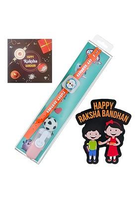 Kids Doremon Design Rakhi With Card And Wooden Magnet Gift Set