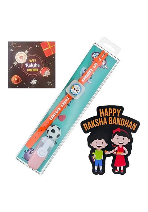 Kids Doremon Design Rakhi With Card And Wooden Magnet Gift Set