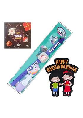 Kids Beautiful Design Rakhi With Card And Wooden Magnet Gift Set