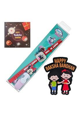 Kids Tom Design Rakhi With Card And Wooden Magnet Gift Set
