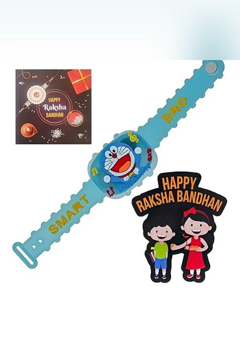 Kids Doremon Design Rakhi With Wooden Magnet Gift Set