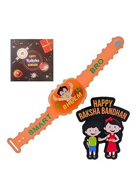 Kids Chota Bheem Design Rakhi With Card And Wooden Magnet Gift Set