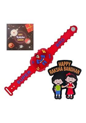 Kids Superman Design Rakhi With Card And Wooden Magnet Gift Set