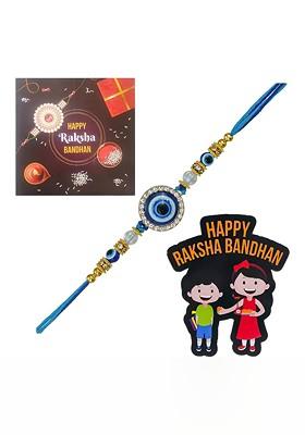 Stones Studded And Beaded Evil Eye Rakhi With Card And Magnet Gift Set