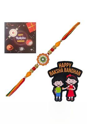 Stones Studded And Beaded Design Rakhi With And Card And Magnet Gift Set