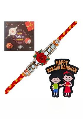 Stones Studded And Beaded Rose Design Rakhi With Card And Magnet Gift Set