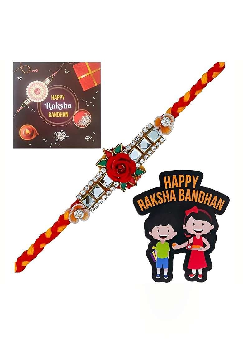 Stones Studded And Beaded Rose Design Rakhi With Card And Magnet Gift Set - Indya