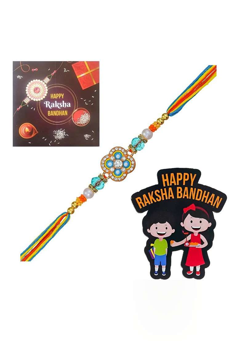Stones Studded And Beaded Design Rakhi With Card And Magnet Gift Set - Indya