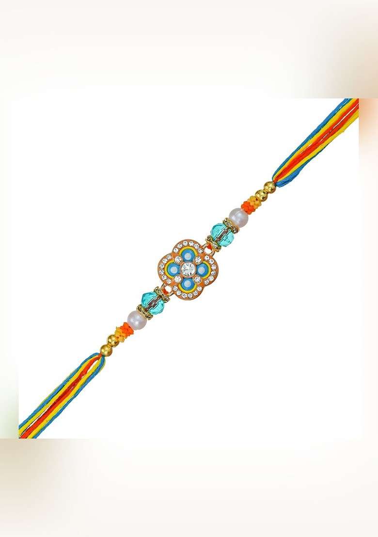 Stones Studded And Beaded Design Rakhi With Card And Magnet Gift Set - Indya