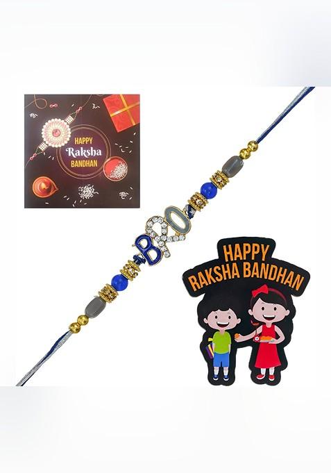Stones Studded And Beaded Bro Rakhi With Card And Magnet Gift Set