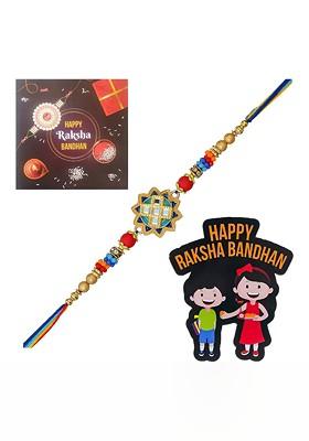 Stones Studded And Beaded Design Rakhi With Card And Magnet Gift Set