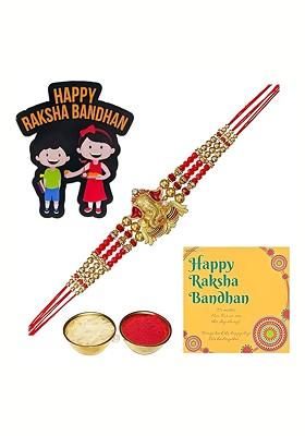 Stones Studded And Beaded Ganesh Ji Rakhi With Roli Rice Card And Magnet Gift Set