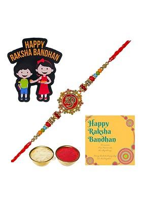 Stones Studded And Beaded Om Rakhi With Roli Rice Card And Magnet Gift Set