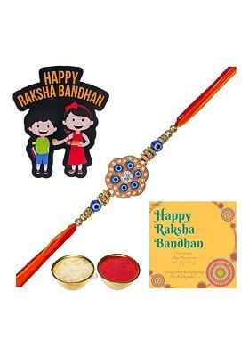 Stones Studded And Beaded Evil Eye Rakhi With Roli Rice Card And Magnet Gift Set