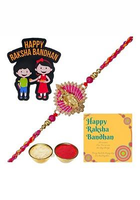 Stones Studded And Beaded Krishna Rakhi With Roli Rice Card And Magnet Gift Set