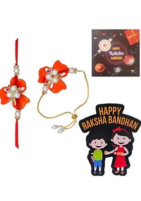 T Set Of 2 Stones Studded And Beaded Rakhi With Card And Magnet Gift Set