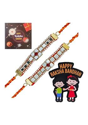 T Set Of 2 Stones Studded And Beaded Rakhi With Card And Magnet Gift Set