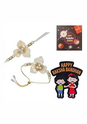 T Set Of 2 Stones Studded And Beaded Rakhi With Card And Magnet Gift Set