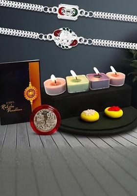 Raksha Bandhan Gift Set With Designer Rakhis Candles Roli Chawal Coin And Card