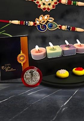 Raksha Bandhan Gift Set With Designer Rakhis Candles Roli Chawal Coin And Card