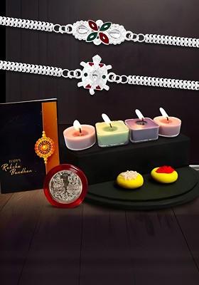 Raksha Bandhan Gift Set With Designer Rakhis Candles Roli Chawal Coin And Card