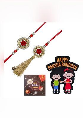 T Set Of 2 Stones Studded And Beaded Rakhi With Card And Magnet Gift Set